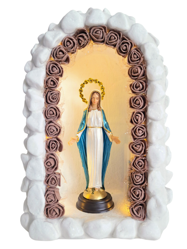Kapliczka średnia- biały kamień, z oświetleniem LED, oraz figurką Matki Bożej